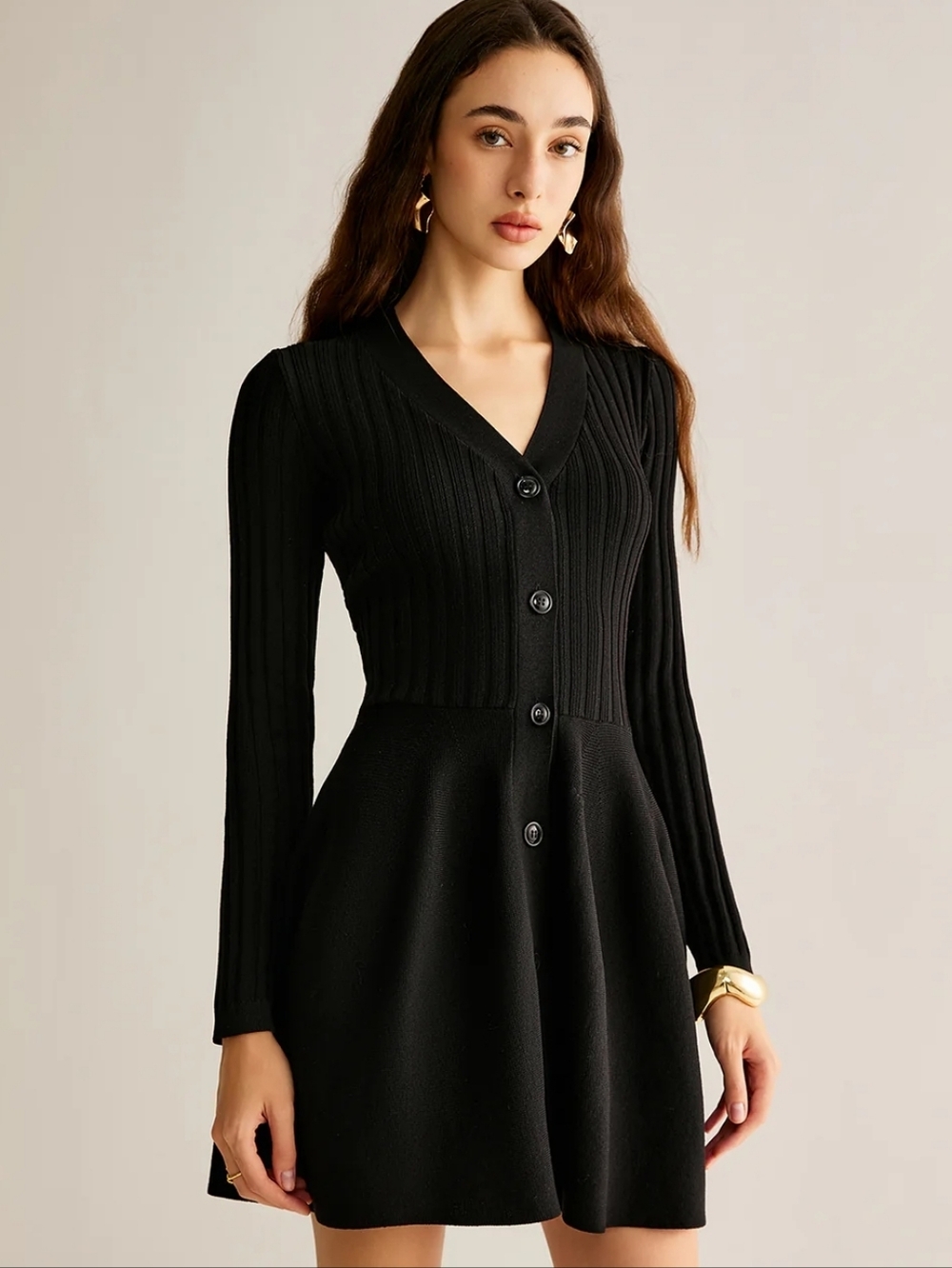 NWT Commense Black Button-Front Breasted Rib-Knit Sweater Dress Size Medium